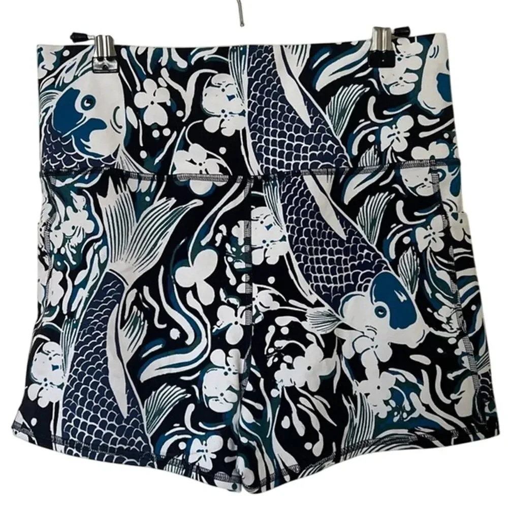 New FREE PEOPLE MOVEMENT Never Better Printed Run Shorts $58 SMALL Blue Koi Fish